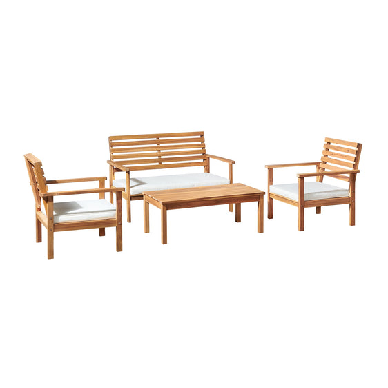 Orwell Outdoor Acacia Wood Conversation Set with Bench and Two Chairs with Cushions and Cocktail Table, Set of 4 - Outdoor Seating