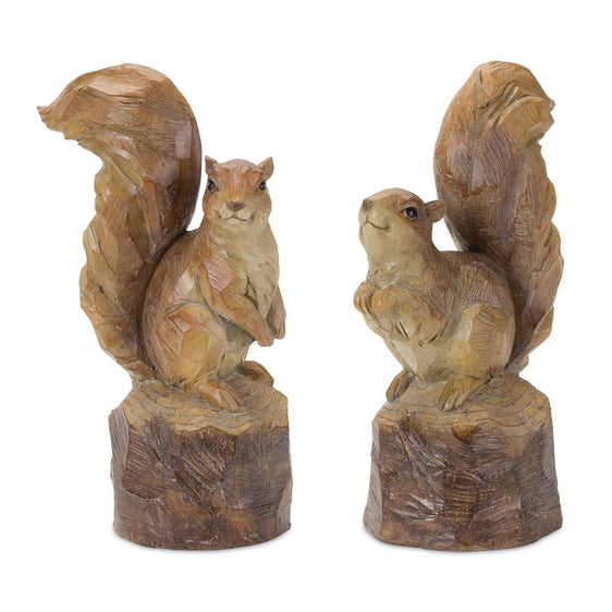 Perched-Squirrel-on-Tree-Stump-Figurine,-Set-of-2-Decor
