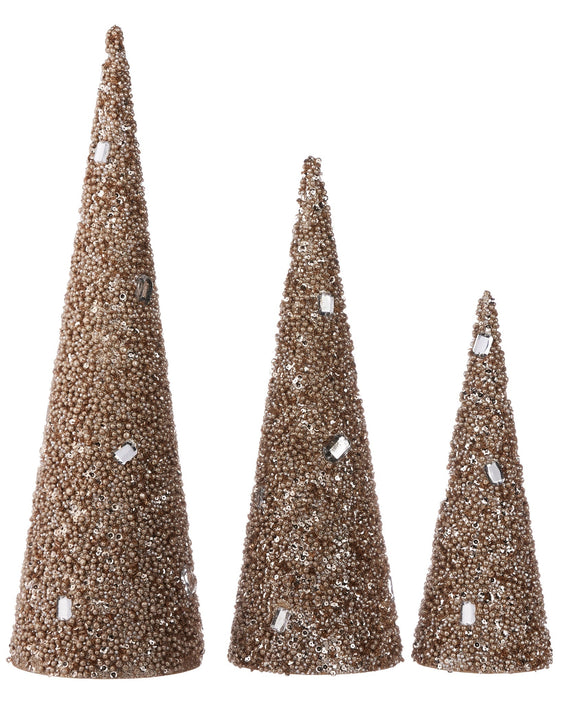 Pier-1-Gold-Sparkle-Beaded-Set-of-3-Cones-Christmas-Decor