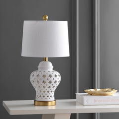 Quatrefoil Fretwork Pierced Ginger Jar Ceramic/Metal LED Table Lamp - Table Lamps