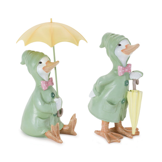 Raincoat Duck Figurine with Umbrella (Set of 2) - Outdoor Decor