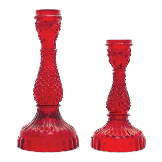 Red-Glass-Taper-Candle-Holder,-Set-of-2-Candle-Holders