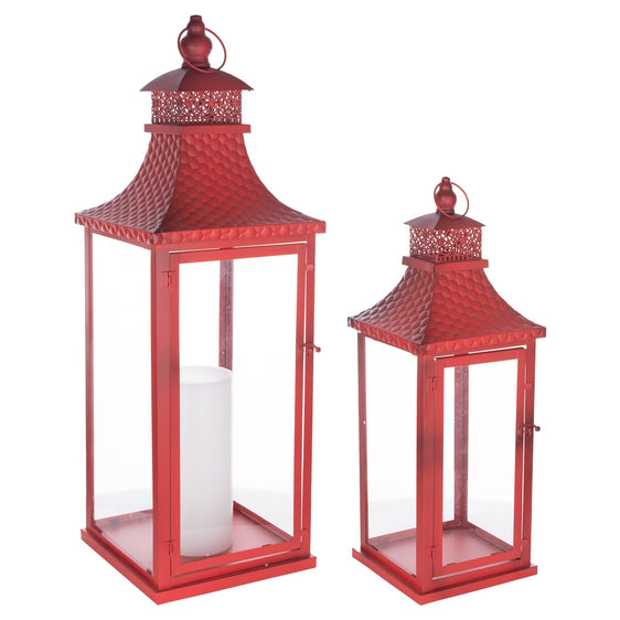 Red Traditional Lantern with Hammered Metal Lid, Set of 2 - Lanterns