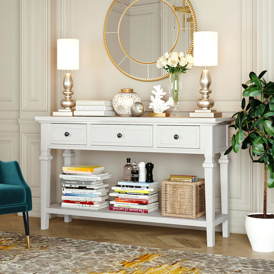 Reese-50''-Antique-White-Console-Table-with-2-Tiers-of-Storage,-3-Drawers-and-Open-Style-Bottom-Shelf-Consoles