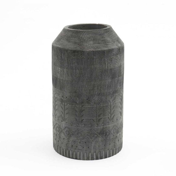 Rooh Large Gray Mango Wood Vase with Engraving - Vases