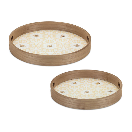 Round-Bumble-Bee-Tray-with-Natural-Wooden-Accents,-Set-of-2-Decorative-Trays