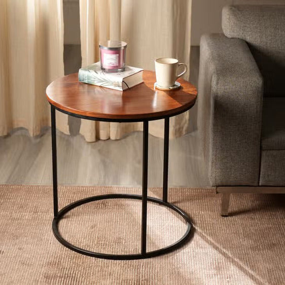 Round Metal End Table with Wood Top - Side Tables