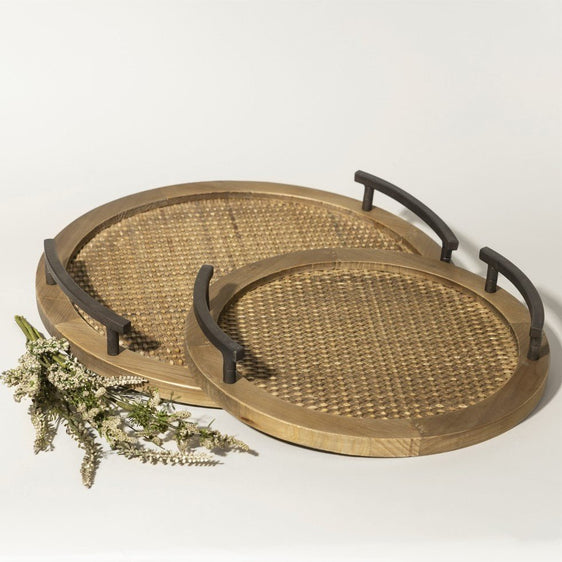 Round-Rattan-Tray-with-Metal-Handle-Accents,-Set-of-2-Decorative-Trays