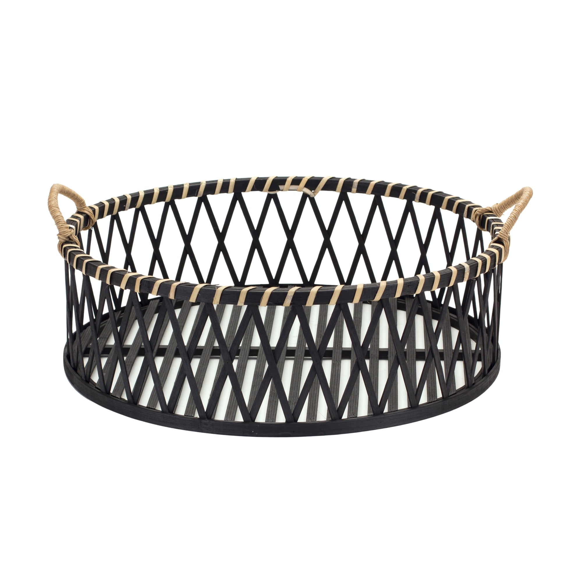 Round Woven Bamboo Trays with Rattan Handle Accent, Set of 2 - Decorative Trays