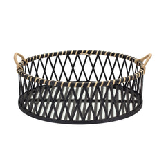 Round Woven Bamboo Trays with Rattan Handle Accent, Set of 2 - Decorative Trays