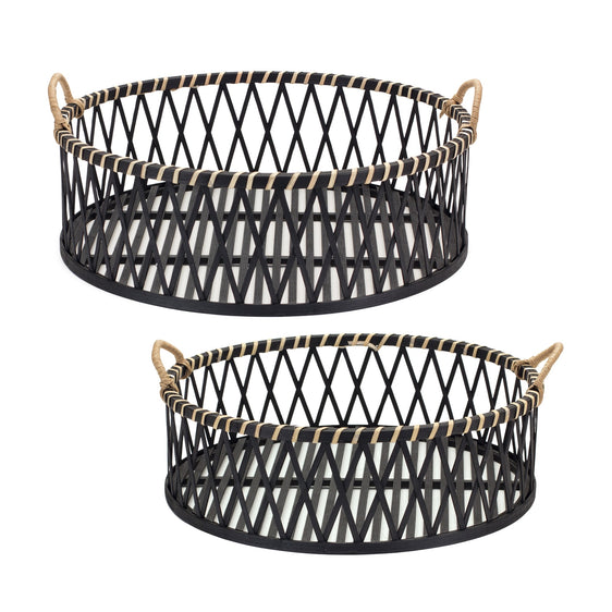 Round-Woven-Bamboo-Trays-with-Rattan-Handle-Accent,-Set-of-2-Decorative-Trays