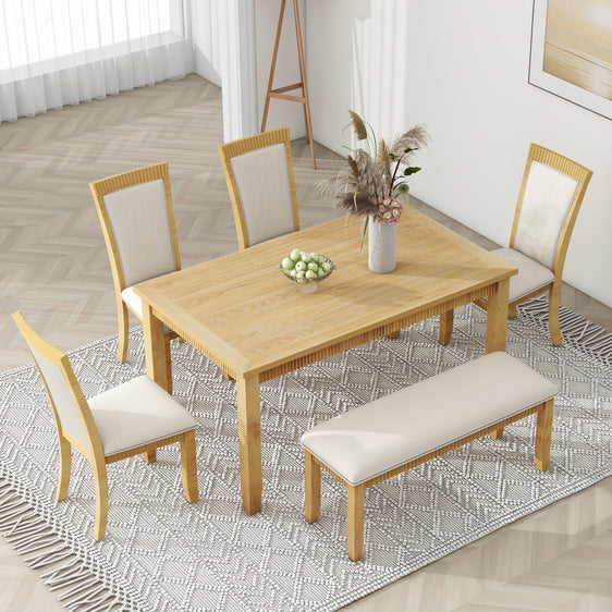 Rustic-Solid-Wood-6-piece-Dining-Table-Set,-PU-Leather-Upholstered-Chairs-and-Bench-Dining-Set