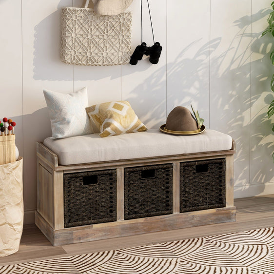 Rustic-Storage-Bench-with-3-Rattan-Baskets-and-Removable-Cushion-Benches