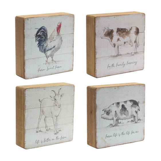 Rustic-Wood-Farm-Animal-Sentiment-Block,-Set-of-4-Wall-Art
