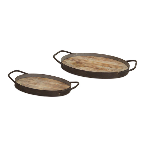 Rustic-Wood-Grain-Tray-with-Industrial-Metal-Handles,-Set-of-2-Decorative-Trays