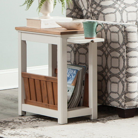 Savannah Chairside Magazine End Table with Pull-out Shelf, Ivory with Natural Wood Top - End Tables