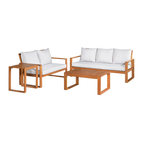 Smoke Gray Grafton Eucalyptus Wood 4-piece Outdoor Conversation Set with 2-seat Bench, 3-seat Bench, Coffee Table and Cocktail Table - Outdoor Seating