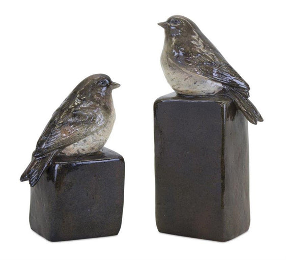 Stone Perched Bird Figurine with Block Weight, Set of 2 - Decor