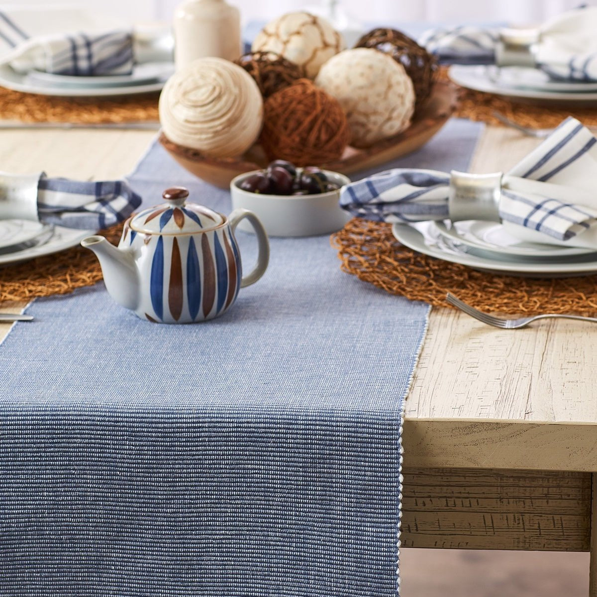 Stonewash Blue & White 2-Tone Ribbed Table Runner 13x72 - Table Runners