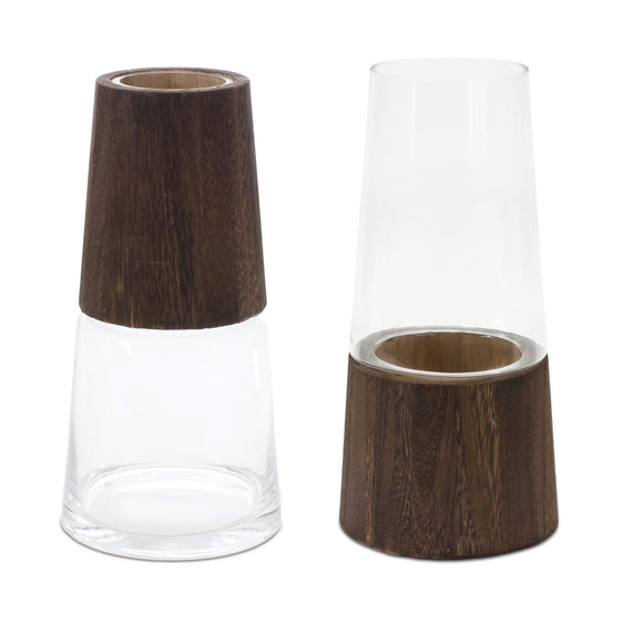 Tapered-Glass-Vase-with-Wood-Accent,-Set-of-2-Vases