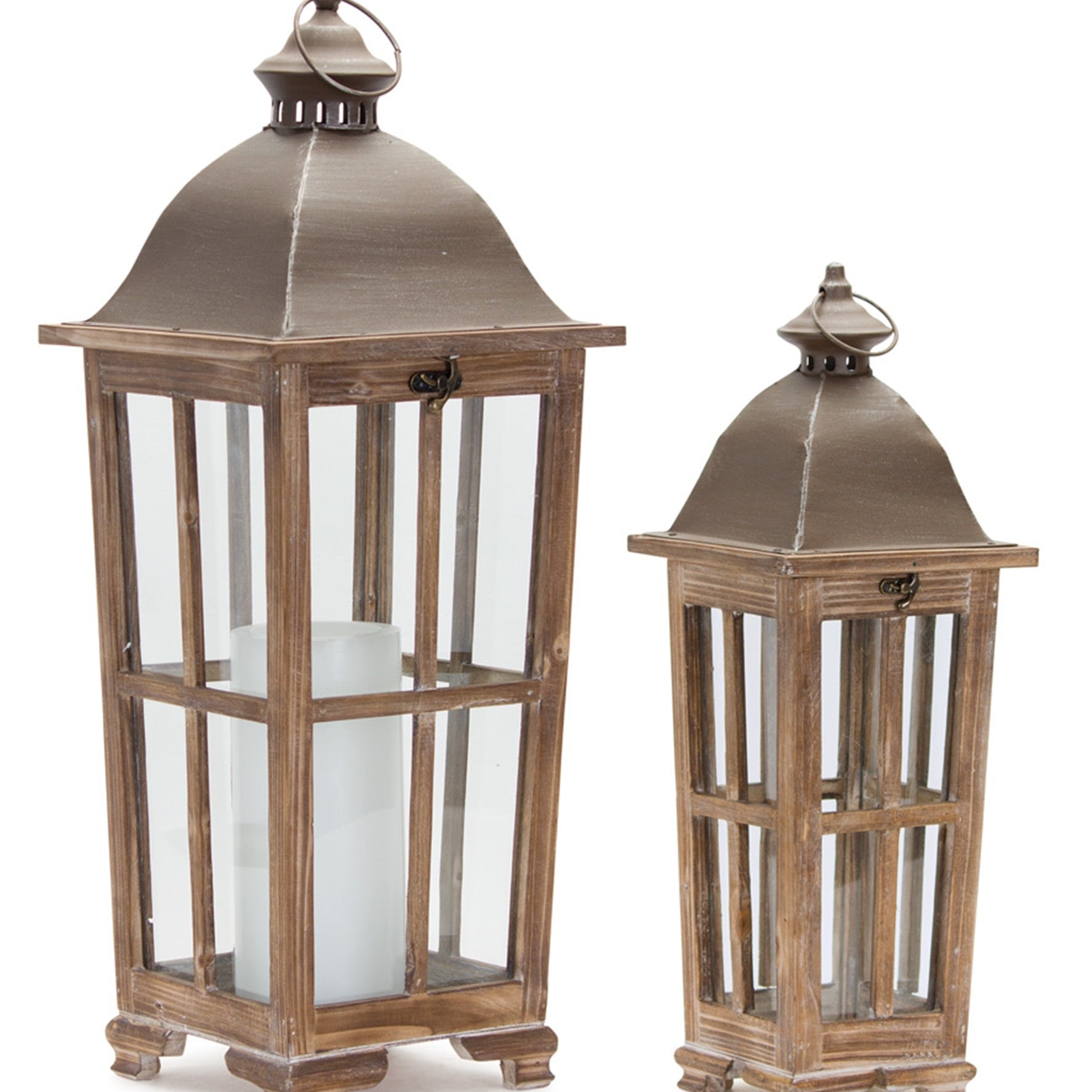 Tapered Wood Lantern with Metal Lid (Set of 2) - Lanterns