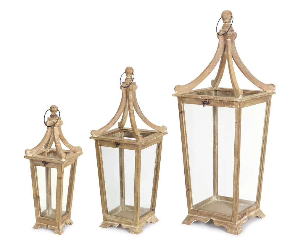 Tapered-Wooden-Floor-Lantern,-Set-of-3-Lanterns