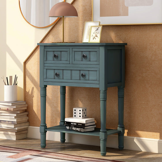 Trexm-Navy-Narrow-Console-Table,-Slim-Sofa-Table-with-3-Storage-Drawers-Consoles