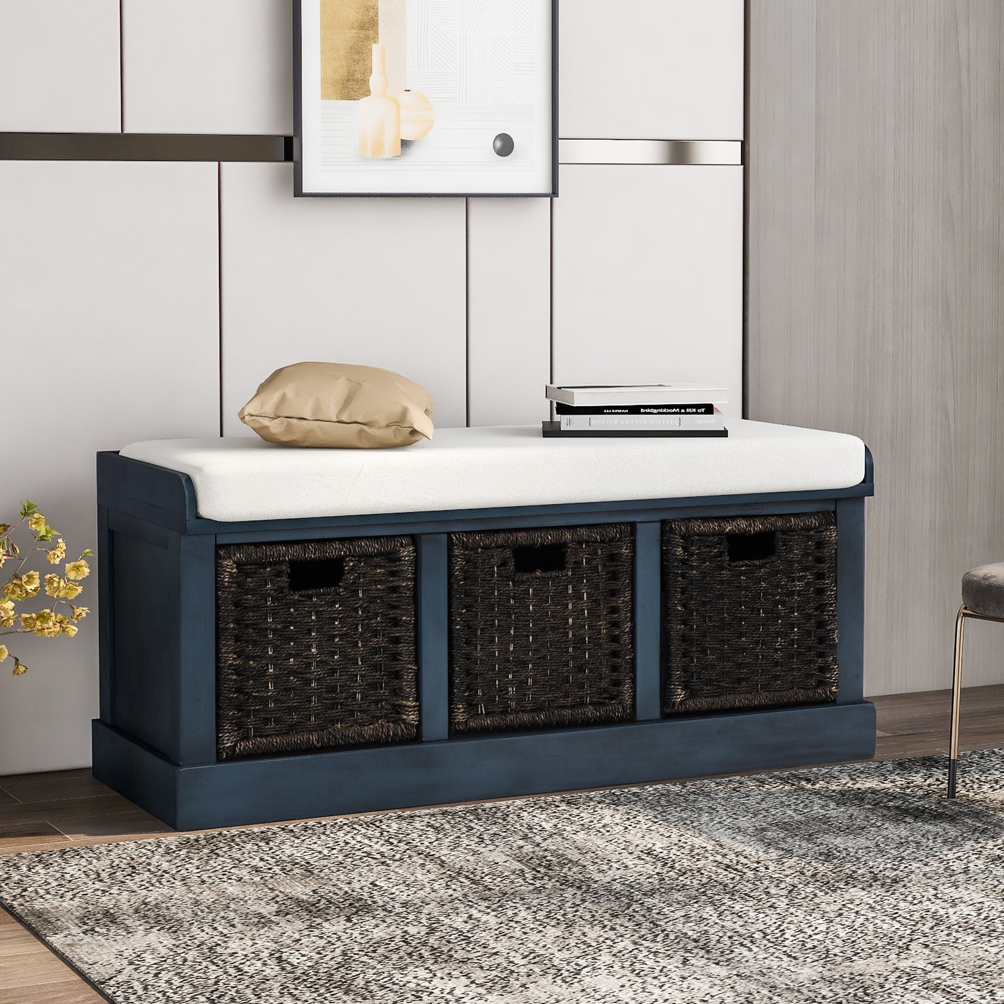Trexm Rustic Storage Bench with 3 Removable Classic Rattan Basket, Antique Navy - Benches