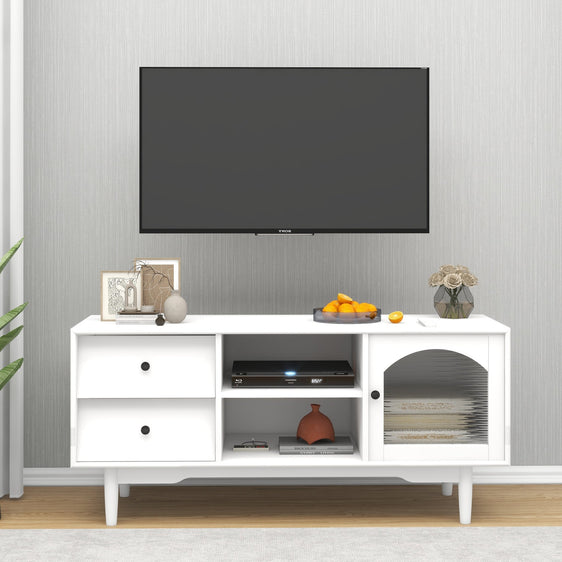 TV-Stand-with-Drawers-and-Open-Shelves,-A-Cabinet-with-Glass-Doors-Consoles