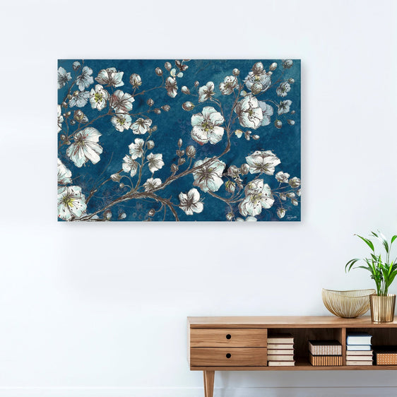 Watercolor Blossom Sketch On Teal Canvas Giclee - Wall Art