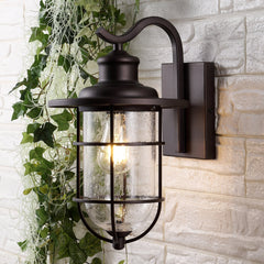 Westfield Light Iron/Seeded Glass Rustic Industrial Cage LED Outdoor Lantern - Wall Sconce