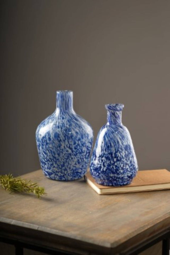 White-&-Blue-Splutter-Glass-Bottle-Vase,-Small-Vases