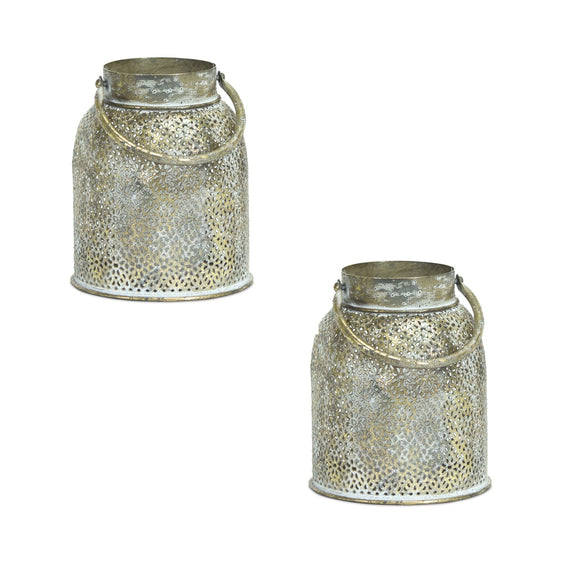 White-Punched-Metal-Candle-Holder,-Set-of-2-Candle-Holders
