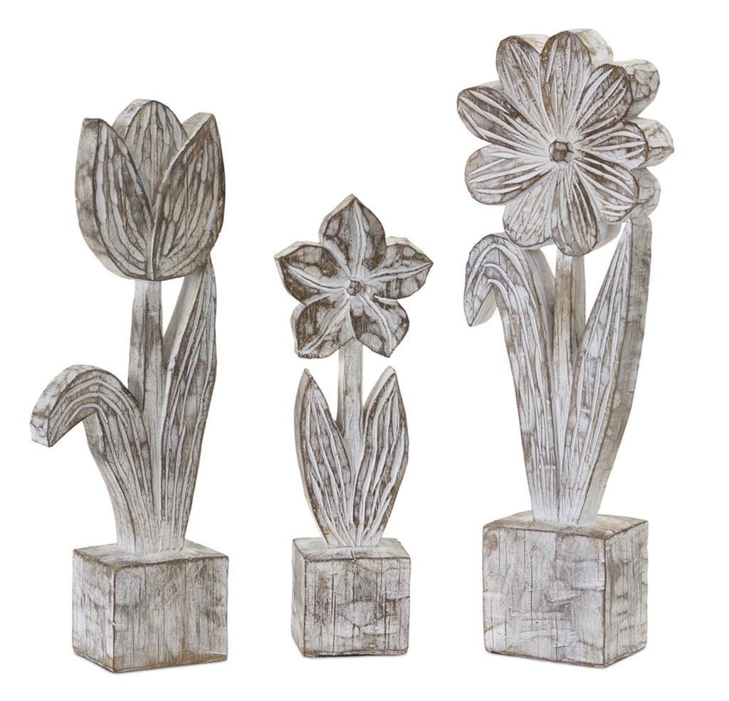 White-Washed-Potted-Floral-Sculpture,-Set-of-3-Decor
