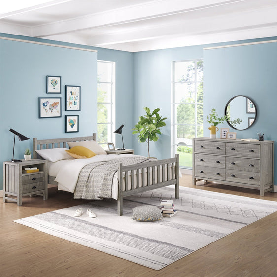 Windsor 4-Piece Bedroom Set with Slat Full Bed, 2 Nightstands, and 5-Drawer Chest, Gray - Children's Furniture