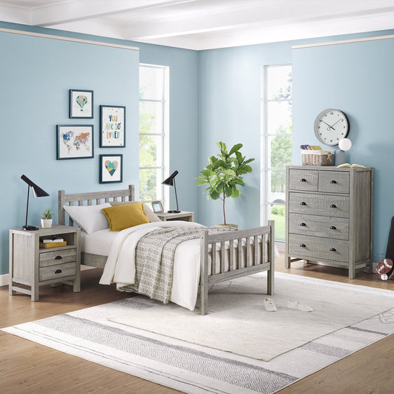 Windsor-Gray-4-Piece-Wood-Bedroom-Set-with-Slat-Twin-Bed,-2-Nightstands-and-5--Drawer-Chest-Children's-Furniture