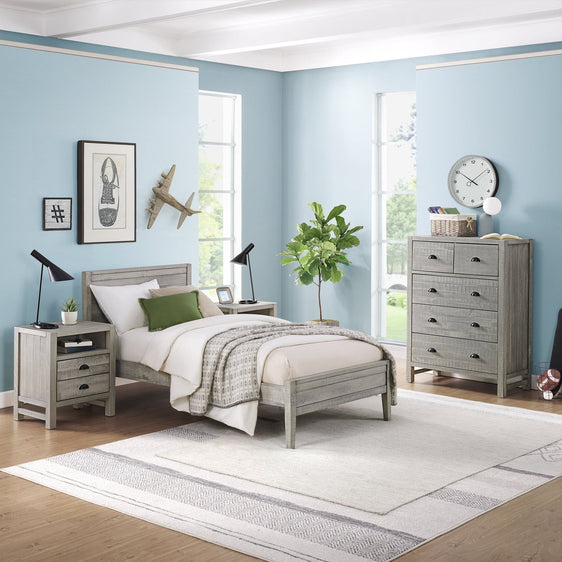 Windsor 5-Piece Bedroom Set with Panel Twin Bed, 2 Nightstands, 5-Drawer Chest and 6-Drawer Dresser, Gray - Children's Furniture