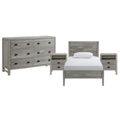 Windsor Gray 4-Piece Bedroom Set with Panel Twin Bed, 2 Nightstands, and 5-Drawer Chest - Children's Furniture