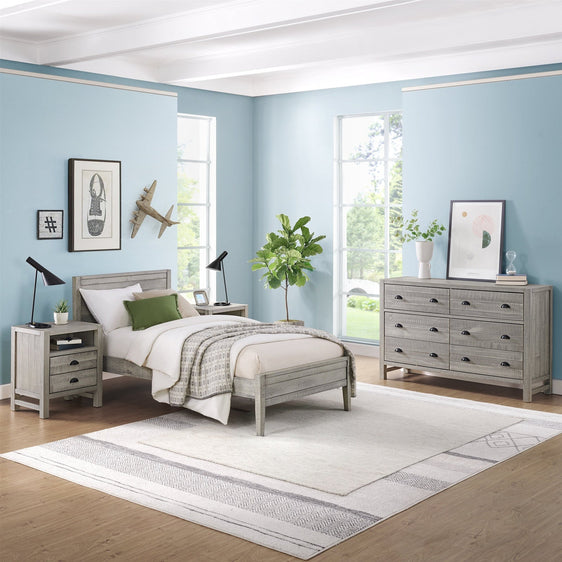 Windsor Gray 4-Piece Bedroom Set with Panel Twin Bed, 2 Nightstands, and 5-Drawer Chest - Children's Furniture