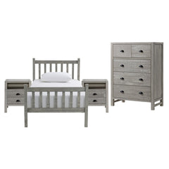 Windsor Gray 5-Piece Bedroom Set with Slat Twin Bed, 2 Nightstands, 5-Drawer Chest and 6-Drawer Dresser - Children's Furniture