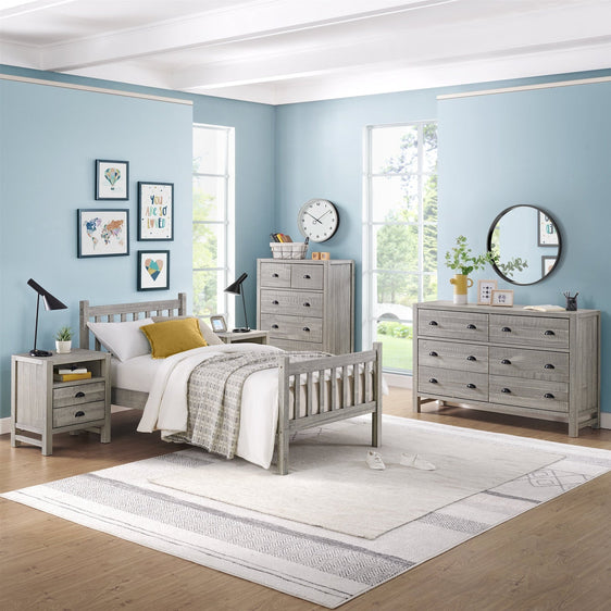 Windsor-Gray-5-Piece-Bedroom-Set-with-Slat-Twin-Bed,-2-Nightstands,-5-Drawer-Chest-and-6-Drawer-Dresser-Children's-Furniture