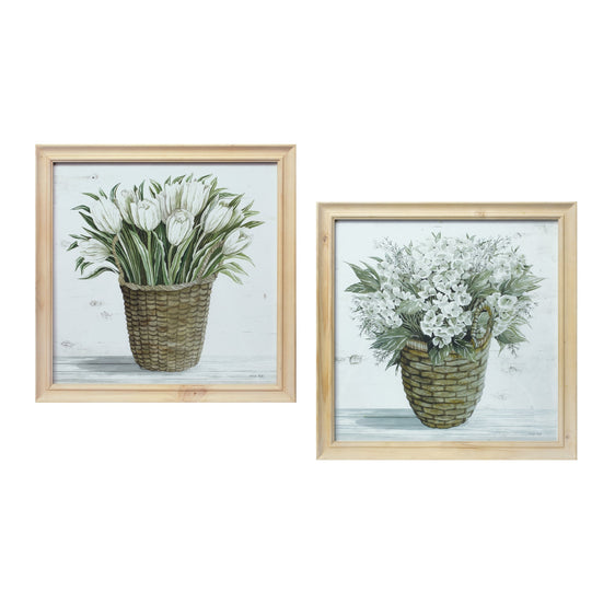 Wood Framed Floral Basket Print 17", Set of 2 - Wall Art