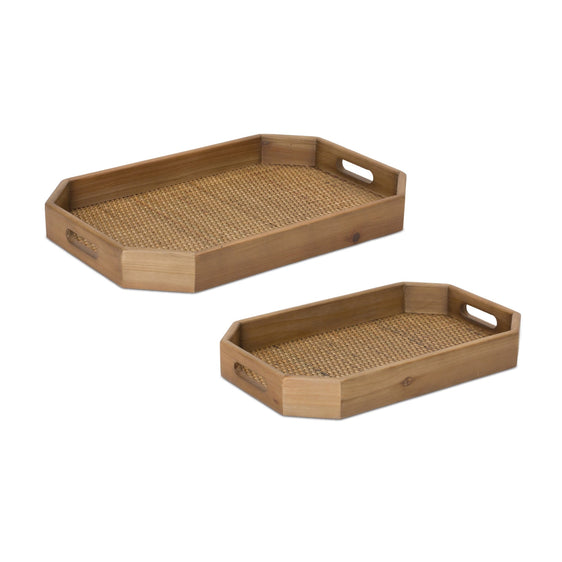 Wooden Tray with Rattan Accent, Set of 2 - Decorative Trays