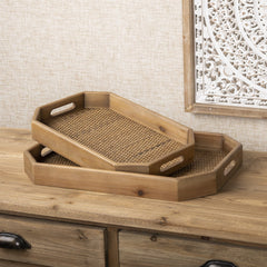 Wooden-Tray-with-Rattan-Accent,-Set-of-2-Decorative-Trays