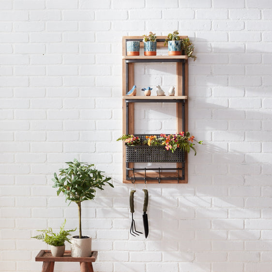 Wooden Wall Shelf with Metal Basket Organizer and Hooks 37.75" - Shelves