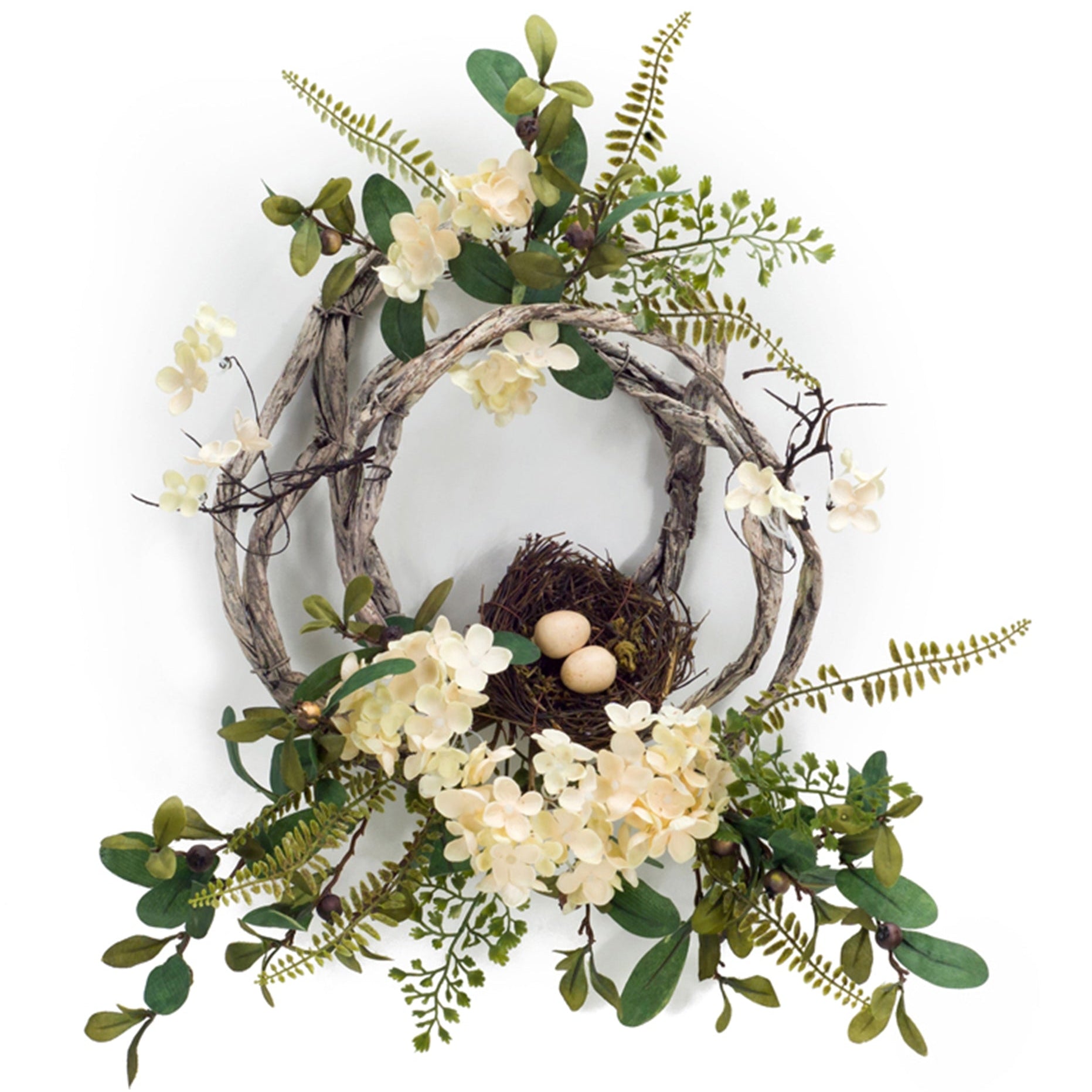 Woven-Grapevine-Wreath-with-Hydrangea-and-Bird-Nest-Accents,-Set-of-4-Wreaths