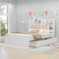 York Queen Platform Bed with Storage Headboard, Shelves and 4 Drawers - Beds