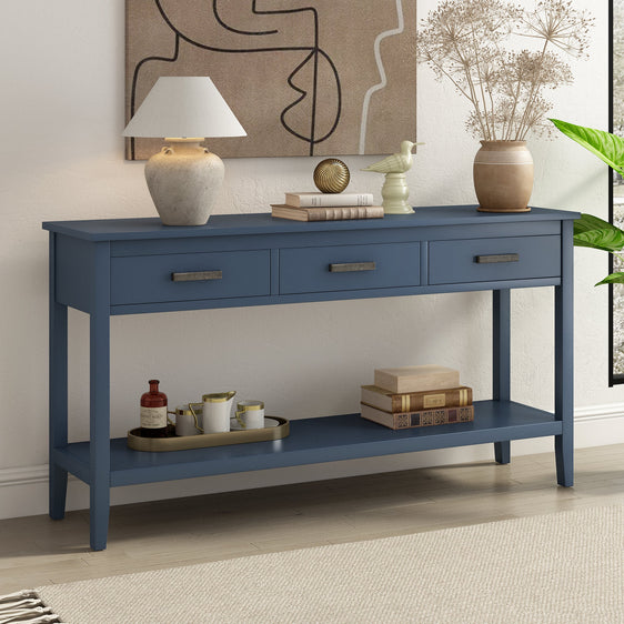 Zephyr Contemporary 2 Tier Console Table with 3 Storage Drawers, Blue - Consoles