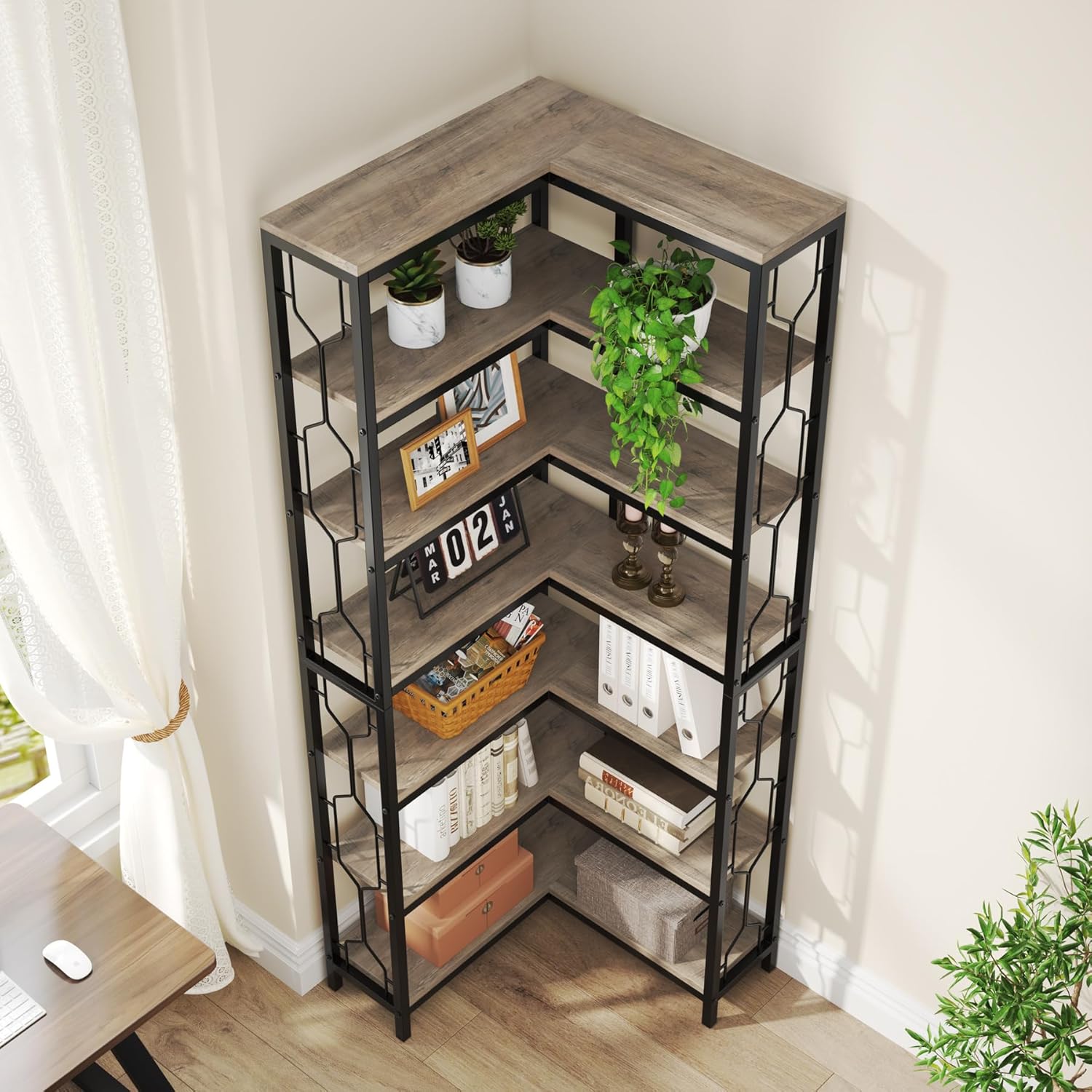 7-Tier Industrial Corner Bookshelf with Metal Frame