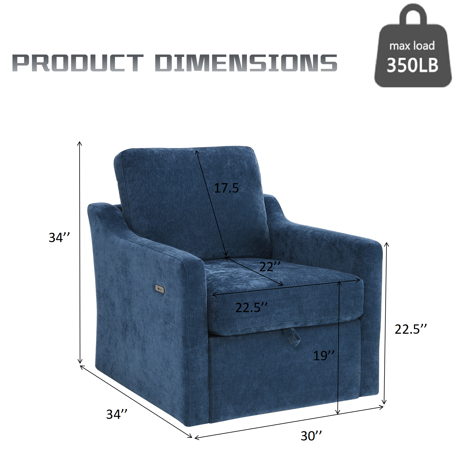 Chenille Swivel Arm Accent Chair With Charging Port and Pocket
